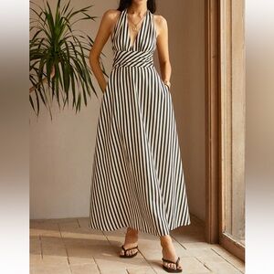 Black and White Halter Striped Maxi Dress